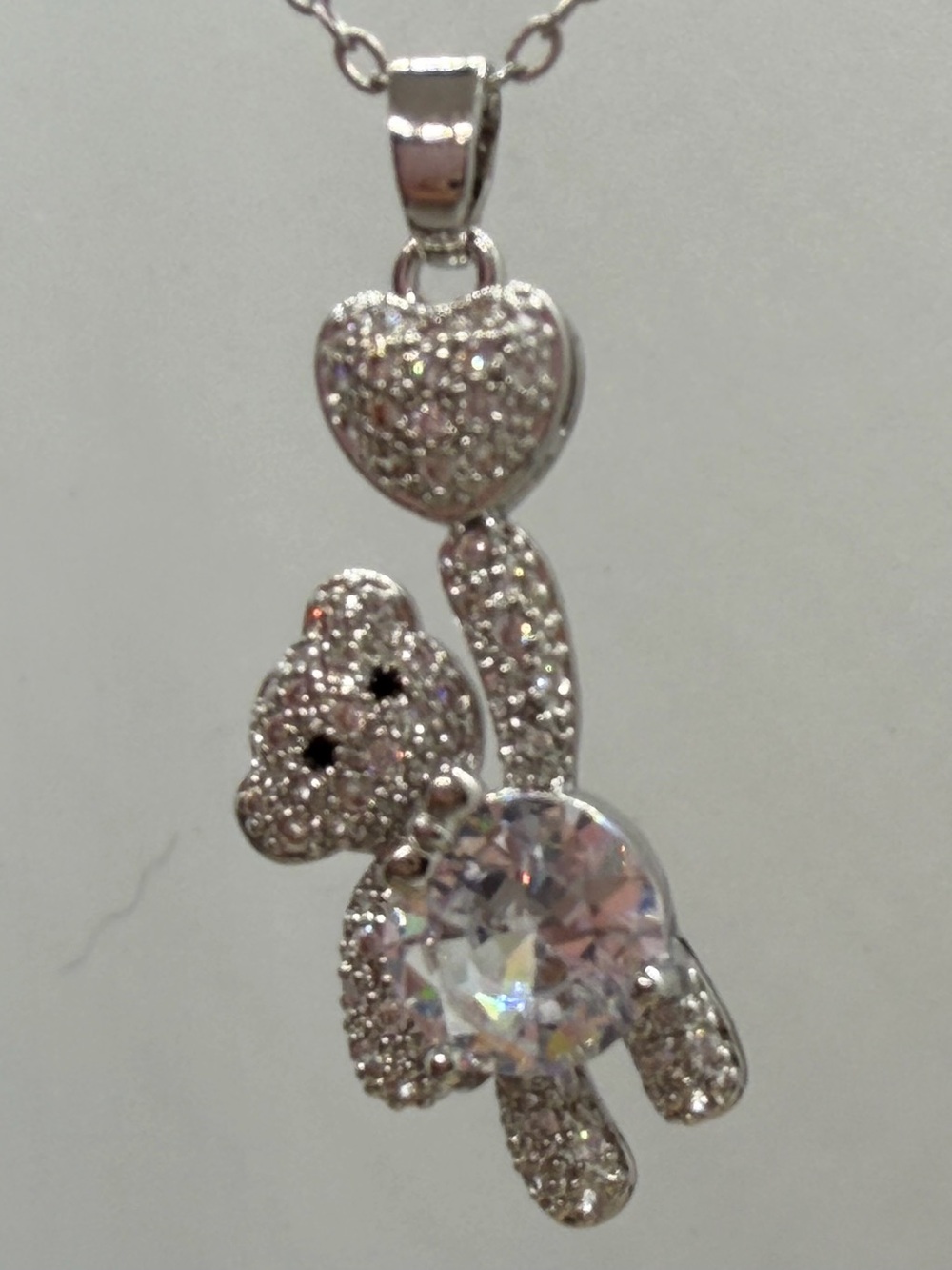 Sparkling Silver Teddy Bear Pendant Necklace - Clear Crystal